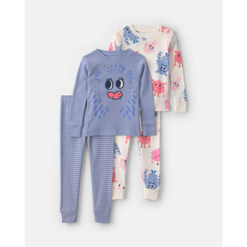 Baby Girl 4-Piece Monster 100% Cotton Snug Fit Pajama Set - Blue/Cream | Carter's