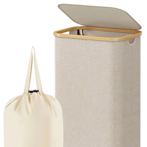 Lifewit 100L Laundry Basket with Lid, Clothes Hampers for Laundry with Bamboo Handles and 1 Removable Bag, Large Foldable Laundry Hamper for Bedroom, Bathroom, Dorm, Laundry Room, Beige