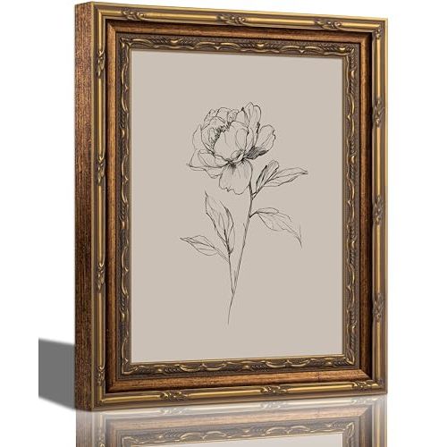 Vintage Gold Framed Canvas Wall Art Aesthetic Farmhouse Botanical Painting Picture Wall Decor Neutral Sketch Floral Poster Print Artwork for Living Room Bedroom Hallway Office Home Decoration