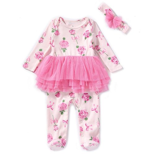 Baby Starters Baby Girls Long Sleeve Floral Print Tiered Tutu Footed Coverall