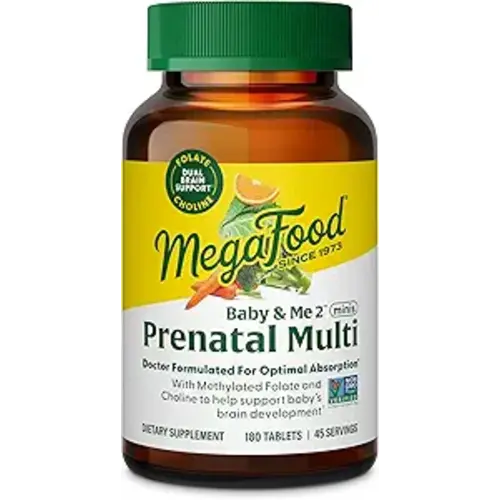 MegaFood Baby & Me 2 Prenatal Multi Minis - Prenatal Vitamins for Women with Choline & Methyl Folate - Gluten-Free, Vegetarian, Pre Natal Multivitamin for Women – 180 Minis Tablets, 45 Servings