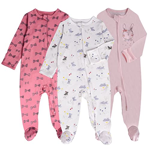Baby Footed Pajamas with Mitten Cuffs - 3 Pcs Girls Boys Footie Sleeper Newborn, Zipper Footies Sleep 'n Play