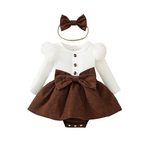 Newborn Baby Girl Fall Winter Outfits Infant Ribbed Romper Dress Ruffle Long Sleeve Clothes Jumpsuit with Bow Headband