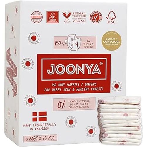 Joonya Baby Diapers, Size 4 L (15-31 lb) - 6 Bags of 25 (150) - New Range - NonToxic, Eco-Friendly, Ultra Slim, Overnight Use - Made in Denmark