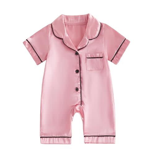 Biayxms Newborn Baby Boy Girl Silk Pajamas Romper Shorts Sleeve Button Down Satin One Piece Onesie Pjs Infant Sleepwears
