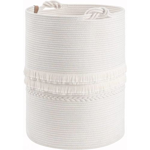 CherryNow Baby Laundry Hamper for Nursery, Tall Basket for Laundry Room, White Woven Storage Basket for Clothes, Toys, Towels, 16 x 22 inches, 69L