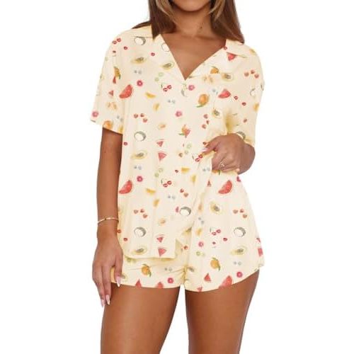 Dressmine Womens Summer Short Sleeve 2 Piece Fruit Pajama Set V Neck Cute Casual Button Up Pjs Sets