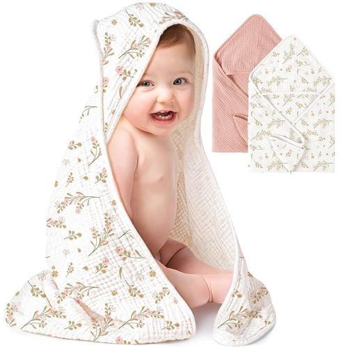 Konssy 2-Pack Muslin Hooded Baby Towels, 100% Cotton, Ultra-Soft & Absorbent Baby Bath Towels with Hood for Newborn & Infant (Pink, Floral,37.5" x 37.5")