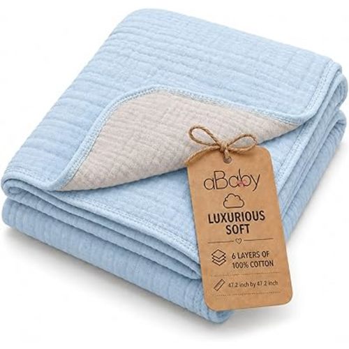 Ababy Cotton Muslin Swaddle Blanket for Baby – Breathable & Soft Receiving Blanket, Lightweight, Perfect Newborn Essential, Extra-Large 47″ × 47″ - Baby Blue