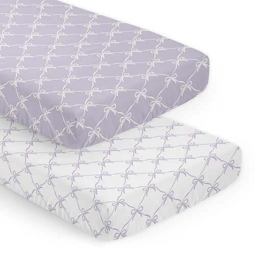 Sweet Jojo Designs 2-Piece Baby Crib Sheets Set (Purple and White Bows) for Girls, Infant Nursery, Toddler Room - Fitted, Standard Size (Lavender Bow for Shabby, Ballet, Ballerina Princess Collection)