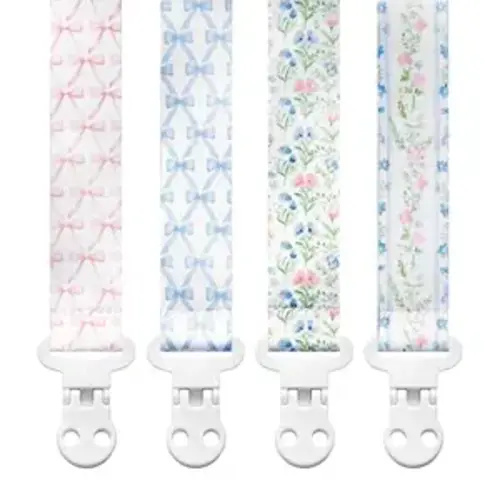 Stadela Baby Pacifier Clip Holder - Girl 4 Pack Gift Set – Vintage Floral Bows Ribbons Flowers French Blue Pink