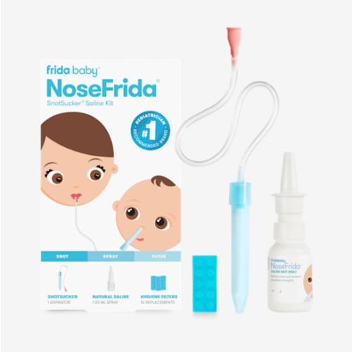 Frida Baby Saline Kit, Includes NoseFrida Nasal Aspirator for Baby, Baby Nose Sucker, Saline Nasal Spray for Babies with 10 Extra Hygiene Filters, Nasal Spray Decongestant, 0.68 fl oz