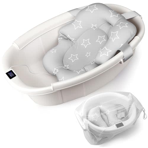 EverKiddo Baby Bathtub, Baby Bath Tub with Thermometer & Soft Cushion, Collapsible Infant Bathtub for Newborn to Toddler 0-36 Months, Quick Use & Portable for Travel(White)