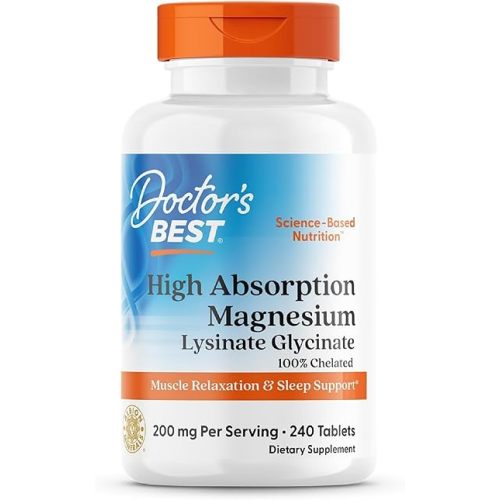 Doctor's Best High Absorption Magnesium Glycinate Lysinate Supplement for Sleep Support - Chelated Magnesium Tablets for Women & Men, 200mg per Serving, Supports Calm & Relaxation, Vegan - 240 Count