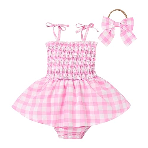 Baby Girls Pink Plaid Romper Tutu Dress Sleeveless Smocked Gingham Dress Toddler Summer Outfits Princess Party Dresses