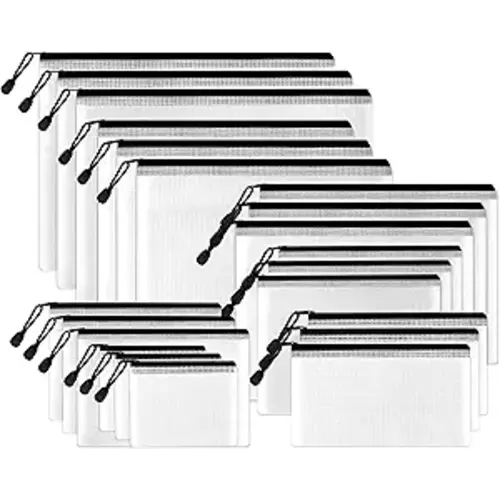 SUNEE Multisize Mesh Zipper Pouches (Black, 21 Packs), Water-Resistant Zip Bag for School Office Supplies, Puzzles & Games Organizing Storage