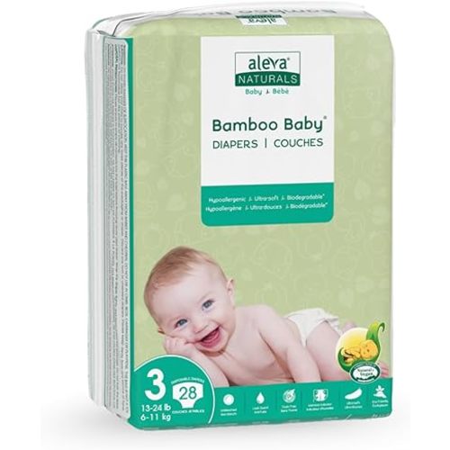Aleva Naturals Hypoallergenic Bamboo Baby Diapers for Baby, Ultra Soft, Sensitive Skin Friendly, Biodegradable, Disposable - Size 3 (13-24 lbs / 6-11 kgs), 28 Count