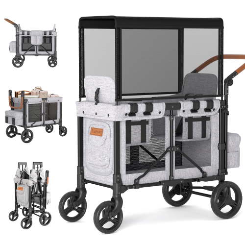 TouHeart Wagon Stroller for 2 Kids with Canopy, Removable Seats, 5-Point Harness, Gray