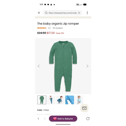The baby organic zip romper