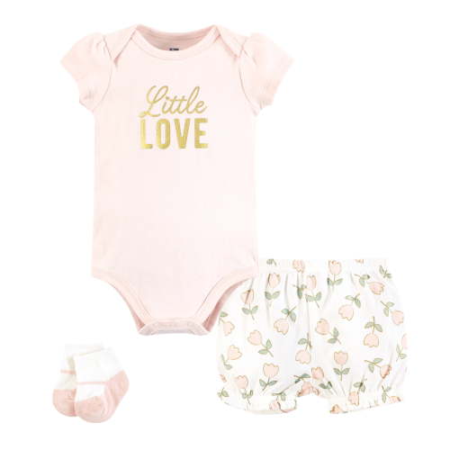 Hudson Baby Infant Girls Bodysuit, Short and Sock, Soft Pink Basic Tulip, 6-9 Months