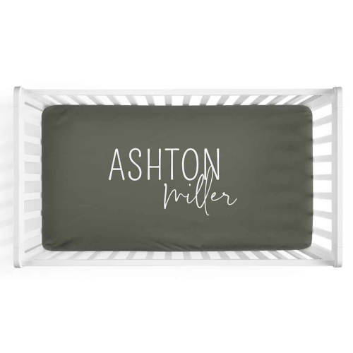 Personalized Crib Sheet in Olive | Classic Font Duo