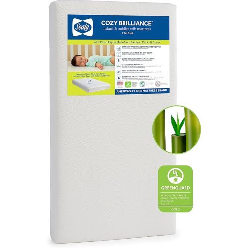 Sealy Baby Cozy Brilliance Breathable Crib Mattress, GREENGUARD GOLD Certified, Made in USA, Firm Dual Firmness, Toddler Bed Fit, Rayon, Waterproof, Non Toxic, Washable Zip Cover, 52” x 28