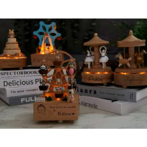 Personalized Engraved Keepsake Carousel Music Box with Light,Wooden Animal Ferris Wheel Ballerina Music Box,Baby/Kids Memorial Birthday Gift