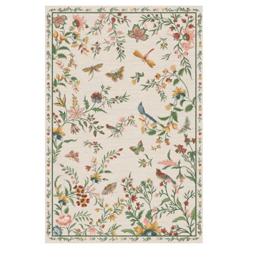 Fulvari Vintage Floral Area Rug, Machine Washable Botanical Bird Rug Non Slip Soft Low Pile Carpet for Living Room, Bedroom,Garden Beige 5x7