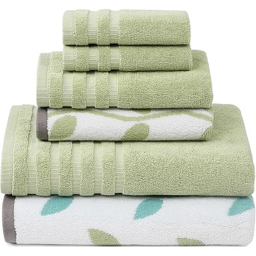 Amrapur Overseas 6-Piece Yarn Dyed Organic Vines Jacquard/Solid Ultra Soft 500GSM 100% Combed Cotton Towel Set [Sage Green]