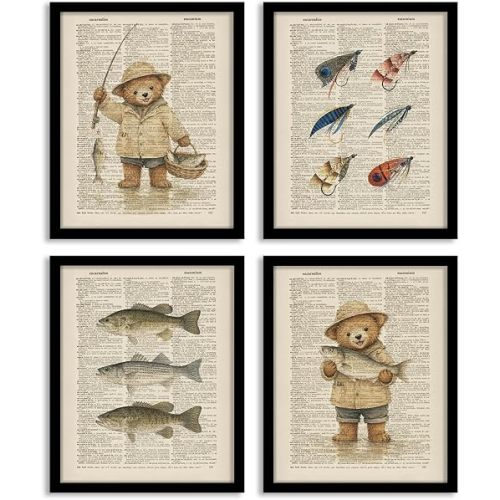 Eghvk Vintage Hunting Fishing Wall Art Nursery Toddler Bedroom Wall Decor, Vintage Wildlife Art Painting Pictures for Boys Bedroom 8x10 Prints Unframed