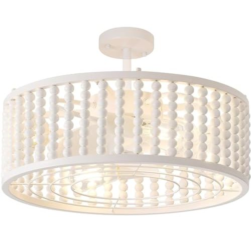 Liokoc Ceiling Fans with Lights and Remote - Bulbs Included, Caged Fandelier with Handcrafted Beaded Dcor 19 inches Reversible Flat and Angled Ceiling Installation, White