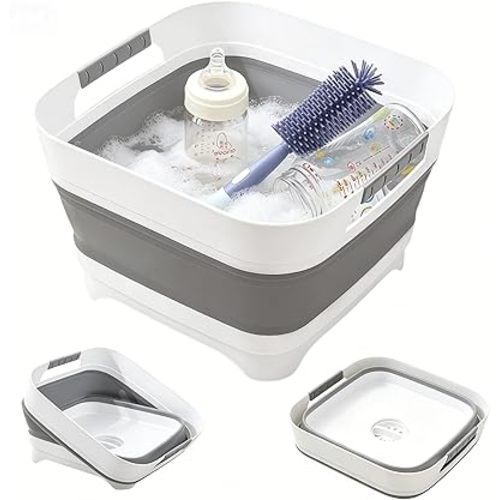 2.6 Gal/10L Collapsible Wash Basin with Drain Plug, Portable Foldable Dish Tub, Large Capacity Space-Saving Sink for Baby Bottles, RV, Camping, Kitchen, Travel & Outdoor Use