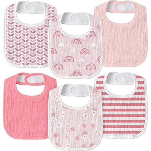 GLLQUEN BABY Muslin Drool Bibs for Boys Girls 6 Pack, Adjustable Baby Bibs for Drooling and Teething, Soft Cotton Baby Bandana Bib for Newborn Feeding Essentials (Rosie Rainbow)