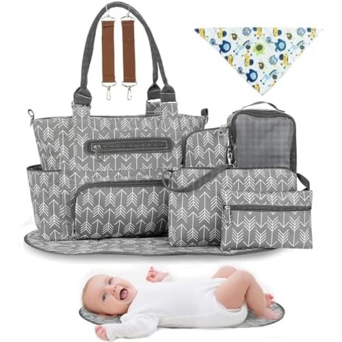 Moclever 8pc Diaper Tote Set, Baby Essentials with Multifunctional Diaper Bags, Bottle & Mesh Bag