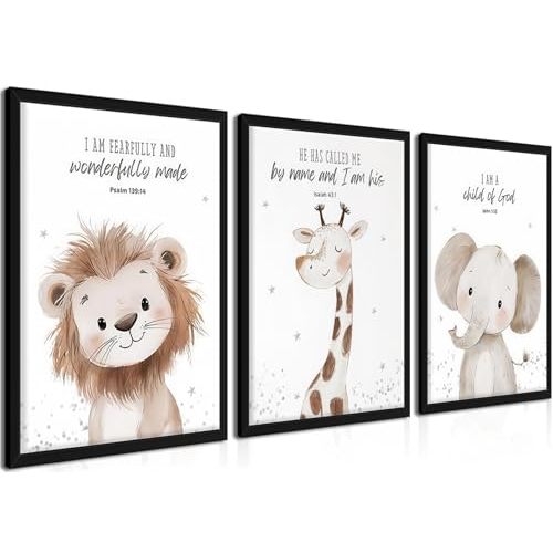 Nursery Wall Art, Kids Bible Verse Animal Canvas Wall Decor Paintings, Cute Safari Christian Pictures Posters Prints for Kids Boys and Girls Room Bedroom 16x24 Inch Wood Framed