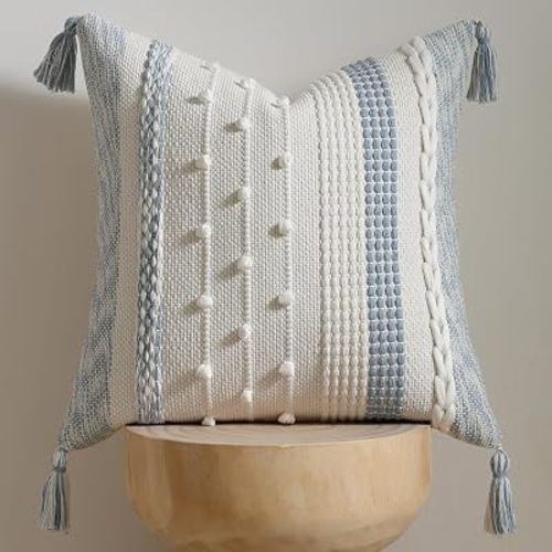Boho Pillow Cover 18x18 Coastal Blue - Handmade Woven Textured Throw Pillow Case with Cordings & Tassels, Decorative Accent for Couch Sofa Bed Farmhouse Living Room Bedroom Home Decor