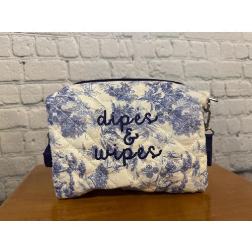 Quilted Blue Chinoiserie Stroller Organizer Bag, “Dipes & Wipes” Embroidered Diaper Holder, Baby Shower Gift, Stroller Caddy, New Mom Gift