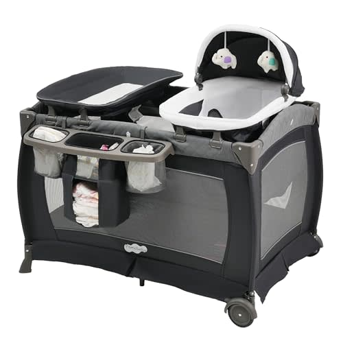 Pamo Babe Playard Portable Playard Foldable Playpen for Baby and Toddler Portable Crib Mattress Diaper Changer for Newborn (Grey)