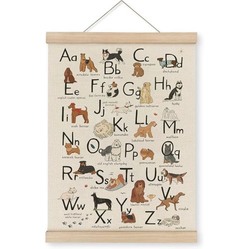 MAQIKA ABC Alphabet Chart Dog Poster Framed with Wood Hanger,Alphabet Banner, Alphabet Abc Poster for Toddlers,Kids Abc Hanging Wall Decor,Dog Breed Canvas Wall Art Paints for Classroom Nursery 12x16