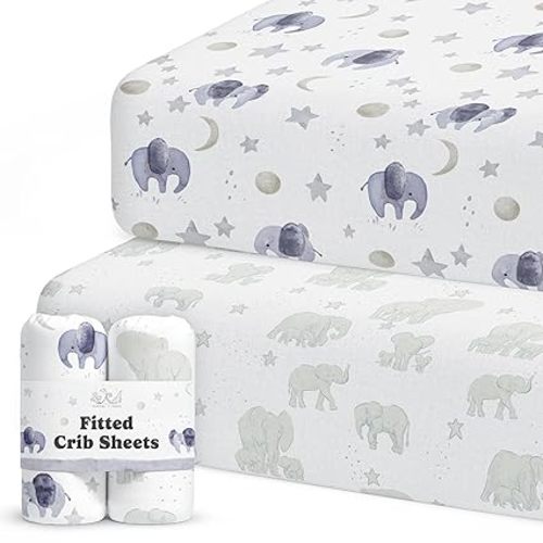 Crib Sheets Neutral - Fitted Baby Crib Sheets Bed for Girl Boy - 2 Pack Standard & Toddler Mattress (Watercolor Elephants) - Buttery Soft Organic Cotton Blend