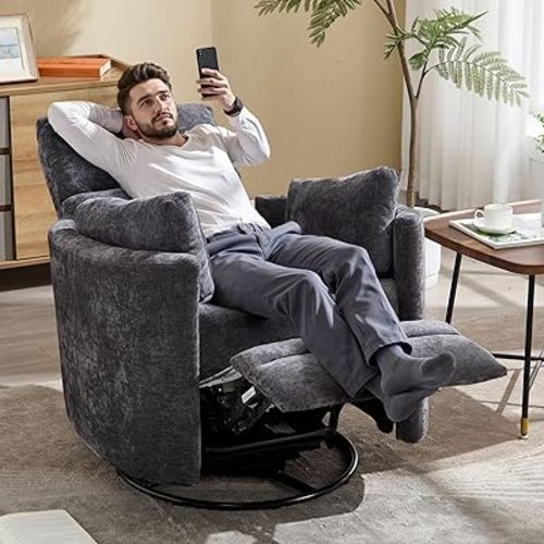Recliner 360°Swivel Glider Rocking Chair,Upholstered Nursery Multifunction Rocking Chair with High Back, Adult Recliner Chair with 2 Pillows for Living Room Bedroom(DRAKGREY, Manual Operation)