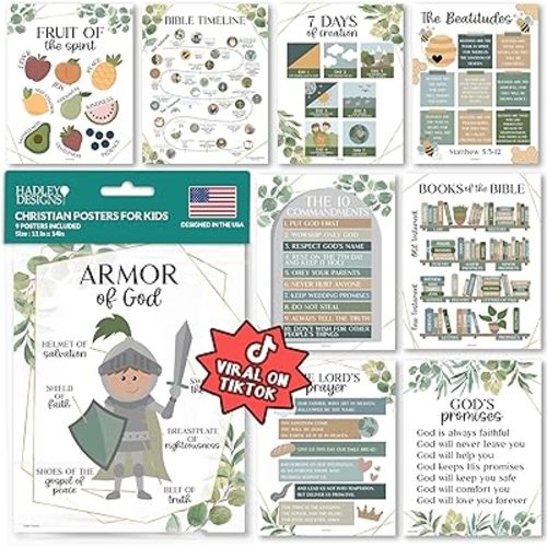 Hadley Designs Sunday School Decorations for Classroom – 9 Bible Posters for Kids, 11x14in Books of the Bible Poster, 10 Commandments, Fruits of the Spirit & More – Greenery Christian Classroom Decor