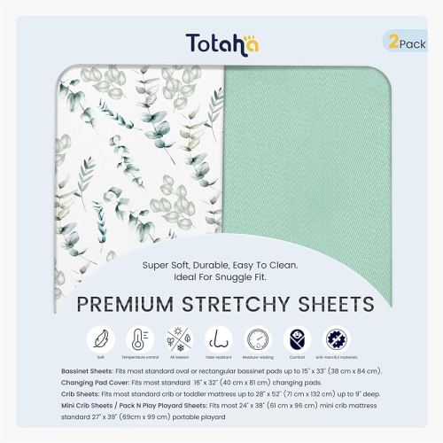 TotAha Botanical Pack and Play Sheets Fitted, Compatible with Graco Pack N Play Playard Crib, Babyletto, Dream on Me, Baby Trend, and Other Playpen Mattress, Premium Soft Mini Crib Sheets, 2 Pack