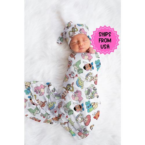 Personalized Disney Swaddle set hat, custom name Newborn going home swaddle, boys hospital reveal, toy story swaddle
