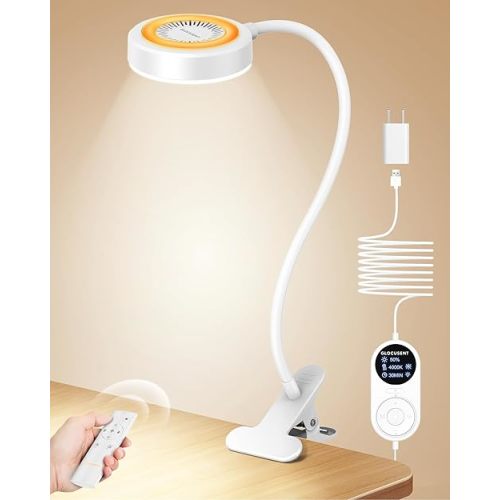 Glocusent 72 LED Clip on Lamp with Remote, Reading Light with Amer Ring Night Light, 3 Colors & 5 Dimmable Desk Lamp with Clamp, Auto-Off Timer for Night Reading, Bed Light for Headboard/Dorm/Bunk
