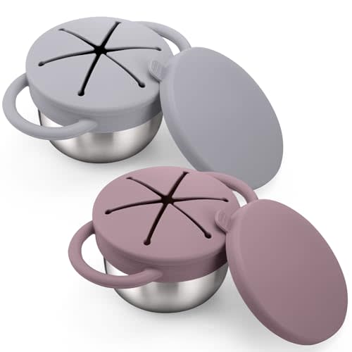 BUSOHA 2 Pack Stainless Steel Toddler Snack Cups - 9 OZ Snack Cups for Toddlers Spill Proof with Catcher and Lid Travel Snack Containers for Kids Food Grade Silicone Dishwasher Safe