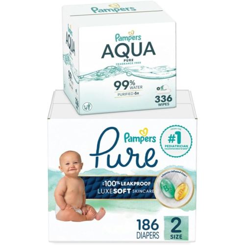 Pampers Pure Protection Disposable Baby Diapers Size 2, One Month Supply (186 Count) with Aqua Pure Baby Wipes, 6X Pop-Top Packs (336 Count)