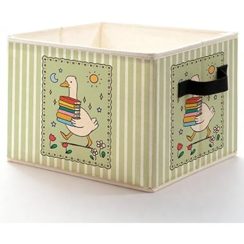Goose Book Storage Bins with Handles, Sage Green Striped