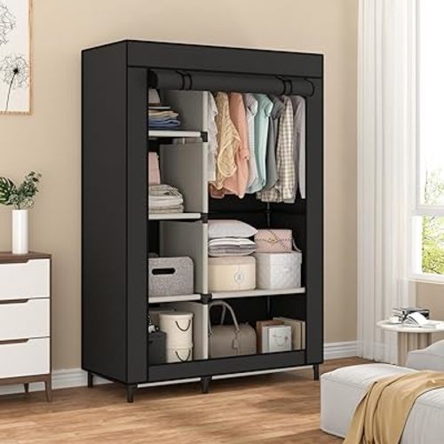 Calmootey Portable Closet Organizers, Clothing Storage, Wardrobe with 6 Shelves and Hanging Rod, Non-Woven Fabric Cover with 4 Side Pockets, Black