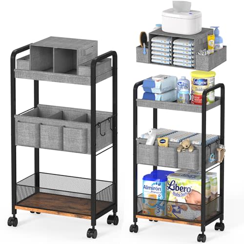 2In1 Baby Diaper Caddy & 3-Tier Rolling Diaper Cart, Caddy Organizer Cart with Dividers, Mobile Metal Bedside Carts for Baby Essentials, Rolling Carts for Newborn Nursery with Wheels, Large Capacity